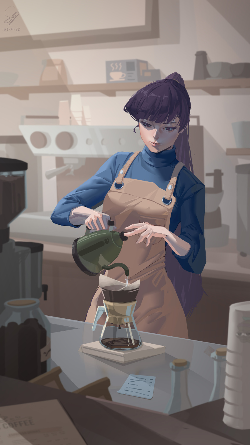 1girl absurdres apron bangs barista blue_sweater bottle brown_apron cafe coffee coffee_beans coffee_filter coffee_pot counter high_ponytail highres indoors komi-san_wa_komyushou_desu komi_shouko long_hair mazzenka paper pouring purple_eyes purple_hair solo standing sweater swept_bangs turtleneck turtleneck_sweater