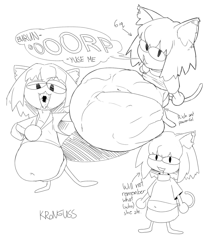 animal_humanoid belly_overhang big_breasts black_and_white bloated bodily_fluids body_outline breast_imprints breasts burping cat_humanoid chibi digestion digital_media_(artwork) drooling duo felid felid_humanoid feline feline_humanoid female female_pred female_prey hi_res high-angle_view humanoid imprint kronguss larger_prey mammal mammal_humanoid midriff monochrome navel neco-arc open_mouth pupils saliva size_difference slit_pupils smaller_pred solo_focus toony vore