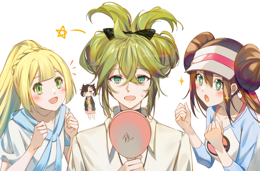 +_+ 1boy 3girls :d :o alternate_hairstyle bangs blonde_hair blush brown_hair clenched_hands collared_shirt commentary_request green_eyes hand_up hands_up holding holding_mirror lillie_(pokemon) long_hair marnie_(pokemon) mirror morpeko morpeko_(full) multiple_girls n_(pokemon) notice_lines open_mouth pokemon pokemon_(creature) pokemon_(game) pokemon_bw2 pokemon_sm pokemon_swsh ponytail raglan_sleeves rosa_(pokemon) shirt short_sleeves simple_background smile somnia sparkle star_(symbol) visor_cap white_background white_shirt