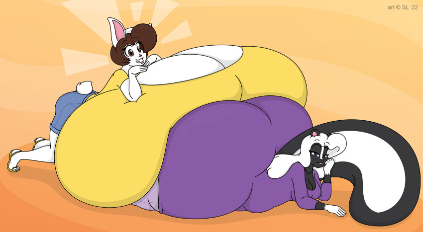 anthro big_breasts big_butt bonnie_(satsumalord) breasts butt chelsea_(satsumalord) duo female hi_res huge_breasts huge_butt hyper hyper_breasts hyper_butt lagomorph leporid mammal mephitid rabbit resting_on_another satsumalord skunk