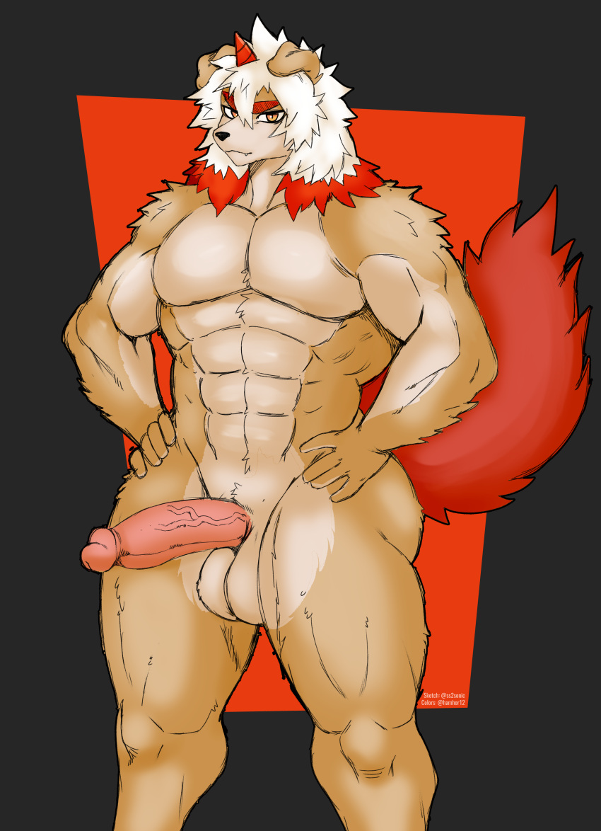 abs absurd_res anthro arknights asian_mythology balls canid canine canis domestic_dog east_asian_mythology erection foo_dog fur genitals hair hambor12 hi_res horn humanoid_genitalia humanoid_penis hung_(arknights) hypergryph japanese_mythology komainu looking_at_viewer male mammal multicolored_body multicolored_fur multicolored_hair muscular muscular_anthro muscular_male mythology nude pecs penis simple_background smile solo sssonic2 studio_montagne video_games white_body white_fur white_hair yokai