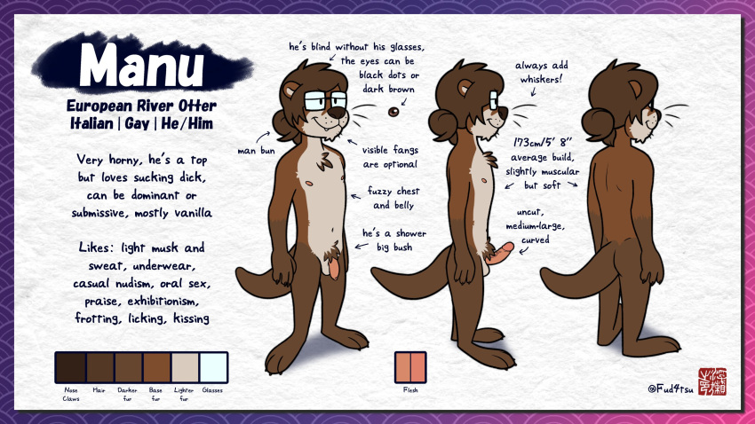 anthro better_version_at_source black_nose body_hair brown_body brown_fur brown_hair chest_hair color_chart detailed_background english_text erection eyewear foreskin fur genitals glasses hair hi_res lutrine male mammal man_bun mustelid navel nude penis solo sweaciabic tan_body tan_fur teeth_showing text whiskers