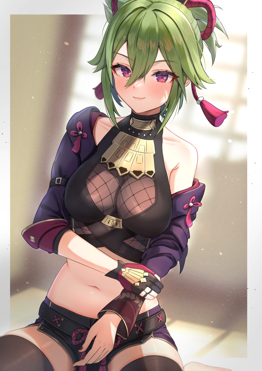 1girl breasts closed_mouth crop_top cropped_jacket fishnet_top fishnets genshin_impact gloves green_hair hair_ornament highres kuki_shinobu medium_breasts navel ninja notdes1re_(tbot7) purple_eyes rope shimenawa short_ponytail short_shorts shorts single_glove smile solo stomach tassel thighhighs