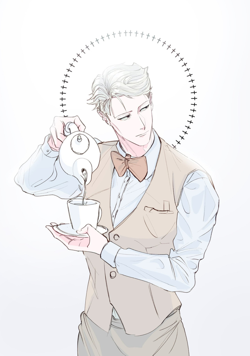 1boy apron blonde_hair bow bowtie brown_vest collared_shirt cup decantering highres holding jujutsu_kaisen kimsatgat long_sleeves male_focus nanami_kento red_bow red_bowtie saucer shirt short_hair solo standing tea teacup teapot vest waist_apron white_shirt