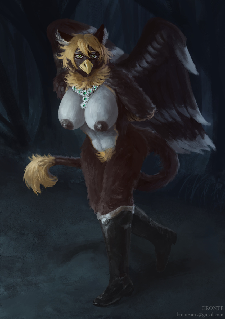adalheide_(ostyeen) anthro avian blonde_hair boots breasts clothing female footwear green_eyes gryphon hair hi_res jewelry kronte mythological_avian mythology necklace nude pubes public solo text url walking wings
