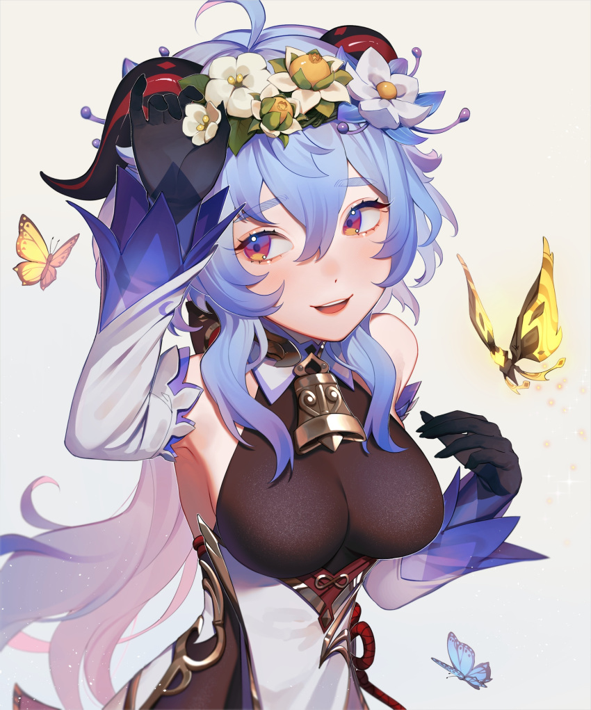 1girl ahoge arm_up armpits bangs bare_shoulders bell black_gloves blue_flower blue_hair blush breasts bug butterfly crystalfly_(genshin_impact) detached_sleeves flower flower_knot ganyu_(genshin_impact) genshin_impact glaze_lily gloves gold_trim hair_flower hair_ornament highres horns lavelis long_hair looking_at_another medium_breasts multicolored_eyes neck_bell qingxin_flower sideboob sidelocks smile solo sweet_flower upper_body white_background white_flower white_sleeves