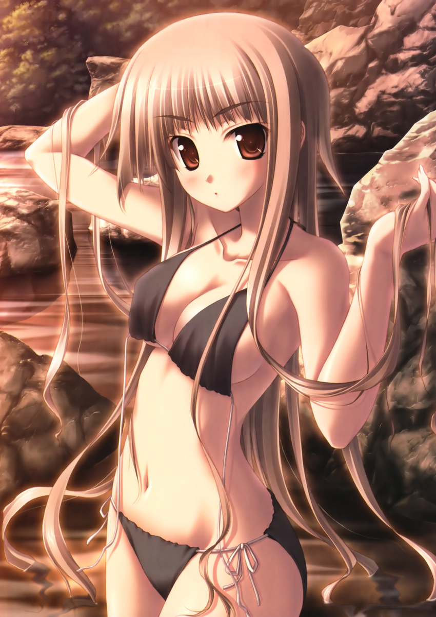 absurdres bikini brown_eyes brown_hair hayama_kanon highres long_hair natsu_ni_kanaderu_bokura_no_uta solo swimsuit tsukimori_hiro untied wading water