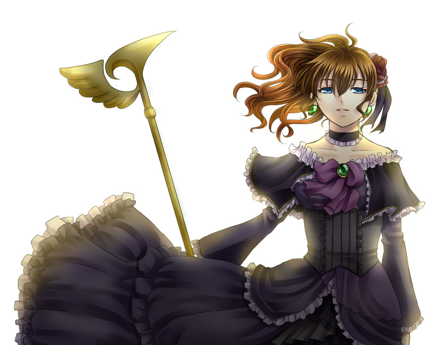 bad_id bad_pixiv_id blue_eyes brown_hair choker cosplay dress earrings flower frills hair_flower hair_ornament jewelry red_flower red_rose rose solo staff takai_shizuno umineko_no_naku_koro_ni ushiromiya_natsuhi