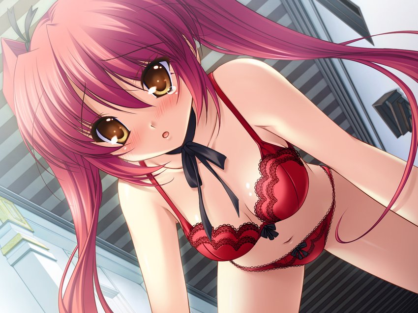 :o blush bow bow_bra bow_panties bra breasts choker cleavage dutch_angle game_cg hair_ribbon highres lace lace-trimmed_panties lace_bra large_breasts lingerie long_hair mercuria mitsumomo_mamu navel open_mouth panties pink_hair red_bra red_panties ribbon ribbon_choker solo takamori_himiko tears twintails underwear underwear_only yellow_eyes