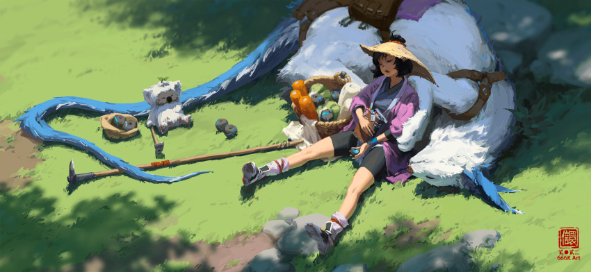 1girl basket black_hair book closed_eyes commentary_request creature day fantasy food fruit grass hat highres hoe holding holding_book holding_food holding_fruit kan_liu_(666k) on_grass open_mouth original outdoors short_hair sitting sleeping straw_hat tail vegetable white_fur