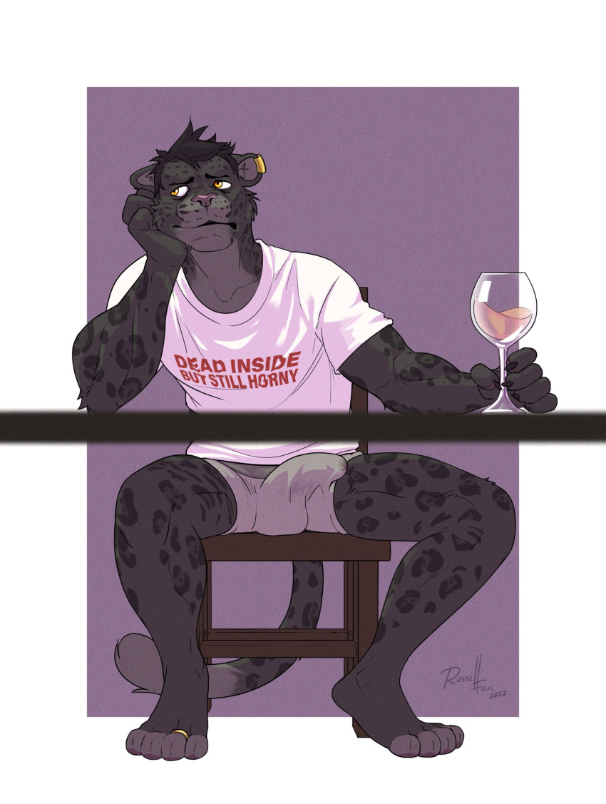 anthro bulge chair clothing container cup drinking_glass ear_piercing ear_ring felid furniture glass glass_container glass_cup hi_res male mammal melanistic metz'eztli pantherine piercing ring ring_piercing russell_allen solo table text wine_glass