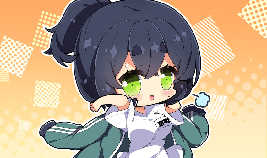 1girl :d bangs blush breasts brown_background commentary_request green_eyes green_jacket gym_shirt hair_between_eyes hands_up highres jacket jacket_removed kyoumachi_seika looking_at_viewer medium_breasts milkpanda ponytail shirt short_eyebrows short_sleeves smile solo sweat thick_eyebrows track_jacket voiceroid white_shirt
