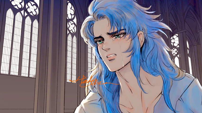 1boy artist_name blue_eyes blue_hair cathedral collarbone crying crying_with_eyes_open gemini_kanon highres long_hair neck notre_dame_de_paris open_clothes open_shirt pillar saint_seiya signature streaming_tears suddhimagga tears window