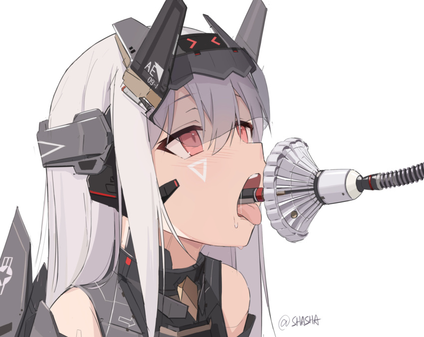 1girl absurdres android artist_name bangs blush english_commentary grey_hair hair_between_eyes headgear highres long_hair looking_up mecha_musume original pink_eyes portrait refueling roundel saliva shasha_(shasha159357) simple_background sweatdrop tongue tongue_out white_background