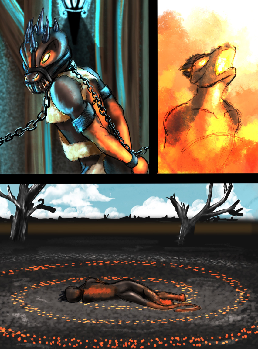 2020 absurd_res angry anthro argonian bdsm bethesda_softworks bondage bound bugbean chain chained clothed clothing collar comic cuff_(restraint) cyrodiil daedra digital_drawing_(artwork) digital_media_(artwork) dungeon fantasy fire gag gagged glowing glowing_eyes hands_behind_back hi_res horn leash lizard looking_at_viewer male muzzle_(object) nude pain partially_clothed plant prisoner reptile restrained restraints scalie shackles sky solo story story_in_description submissive submissive_male the_elder_scrolls the_elder_scrolls_online torn_clothing tree unconscious video_games xai-mota