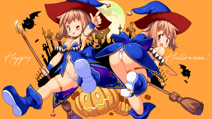 2girls ;p arm_up armlet ass bangs bare_shoulders bat_(animal) bent_over blue_choker blue_dress blue_footwear blue_headwear blush_stickers boots breasts broom brown_hair chocolat_queen choker commentary_request dress full_moon happy_halloween hat hexagram highres holding holding_broom index_finger_raised jack-o'-lantern leg_up long_hair looking_at_viewer marron_queen microdress moon multiple_girls navel one_eye_closed open_mouth orange_background original outstretched_arm panties revealing_clothes shiny shiny_hair shoe_soles short_dress siblings sidelocks sisters small_breasts smile strapless strapless_dress thighlet tombstone tongue tongue_out underwear v-shaped_eyebrows white_panties witch witch_hat wristband yellow_eyes yu_3