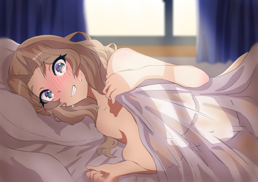 1girl absurdres bed_sheet bedroom blonde_hair blue_eyes blurry blurry_background blush breasts commentary curtains depth_of_field girls_und_panzer grin groin hair_intakes highres indoors kay_(girls_und_panzer) large_breasts long_hair looking_at_viewer lying morning naked_sheet navel on_bed on_side pillow see-through smile solo sweat tenpura32200 window