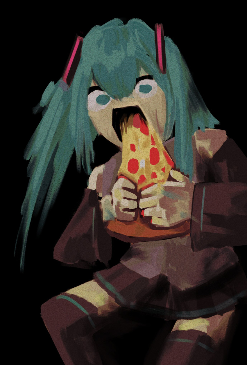1girl alurisnow bangs bare_shoulders black_background black_skirt black_thighhighs blue_eyes blue_hair commentary constricted_pupils detached_sleeves eating english_commentary fine_art_parody food grey_shirt hair_ornament hands_up hatsune_miku highres holding holding_food long_hair looking_at_viewer miniskirt open_mouth own_hands_together parody pizza pleated_skirt saturn_devouring_his_son shiny shiny_hair shirt sidelocks simple_background sketch skirt sleeveless sleeveless_shirt solo standing thighhighs twintails vocaloid wide-eyed zettai_ryouiki