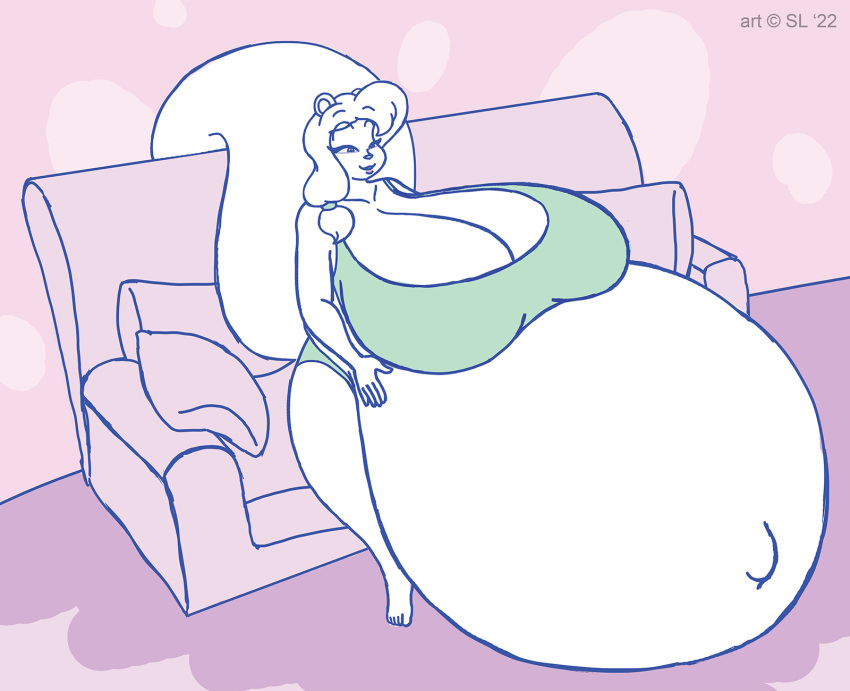 &copy; 2022 anthro belly big_belly big_breasts bottomwear breasts clothing female furniture goldie_(satsumalord) hair hand_on_stomach hi_res huge_breasts hyper hyper_belly hyper_pregnancy mammal navel outie_navel pregnant rodent satsumalord sciurid sitting sketch sofa solo symbol topwear
