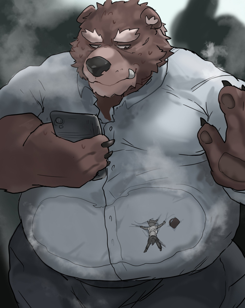 against_surface against_wall anthro belly big_belly bodily_fluids canid canine canis clothed clothing duo hi_res iwbsb_kuma male male/male mammal micro phone steam sweat ursid