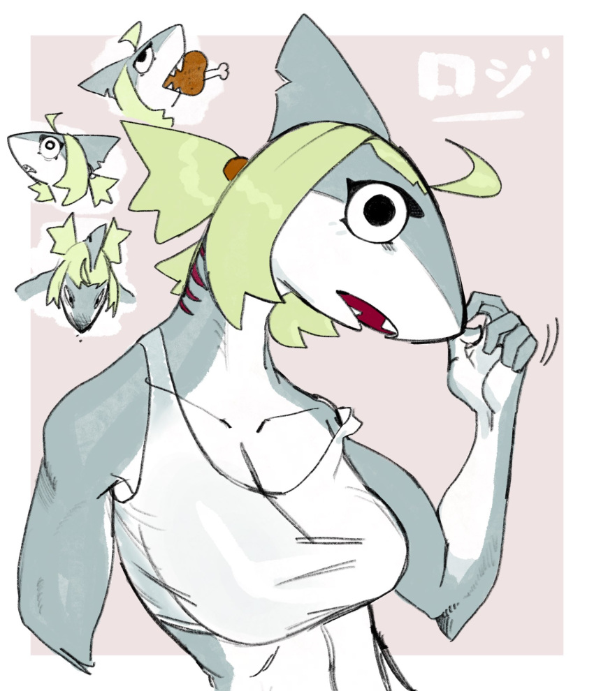 5_fingers anthro big_breasts breasts cat_pepper cleavage clothed clothing digital_media_(artwork) eating eating_food eating_meat eyelashes female fingers fish food frown gills green_hair grey_body grey_skin hair hi_res looking_up marine multicolored_body narrowed_eyes open_mouth ponytail roji_(cat_pepper) shark sharp_teeth shirt simple_background solo tank_top teeth topwear two_tone_body white_body white_clothing white_shirt white_skin white_tank_top white_topwear