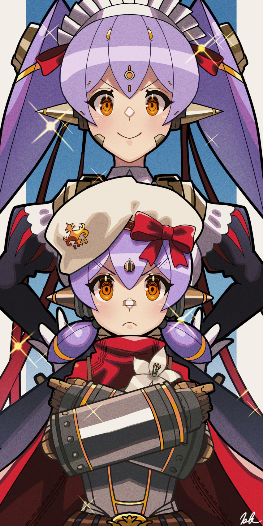 2girls absurdres android bangs beret brown_eyes closed_mouth dual_persona flower hat highres joints kyosuke1413koba maid_headdress multiple_girls poppi_(xenoblade) poppi_alpha_(xenoblade) poppi_qt_(xenoblade) robot_joints short_twintails smile twintails white_flower white_headwear xenoblade_chronicles_(series) xenoblade_chronicles_2