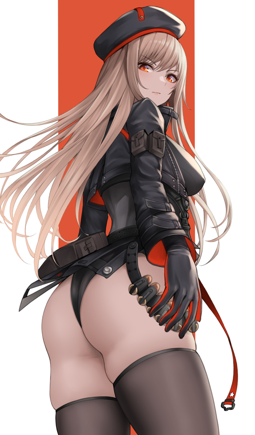 1girl absurdres ass bangs belt_pouch beret blonde_hair breasts closed_mouth commentary_request cropped_jacket expressionless from_behind gloves goddess_of_victory:_nikke hat highleg highleg_leotard highres jacket leotard lips long_hair long_sleeves looking_at_viewer looking_back medium_breasts nyatokanyaru orange_eyes pouch rapi_(nikke) shiny shiny_hair simple_background thighhighs thighs