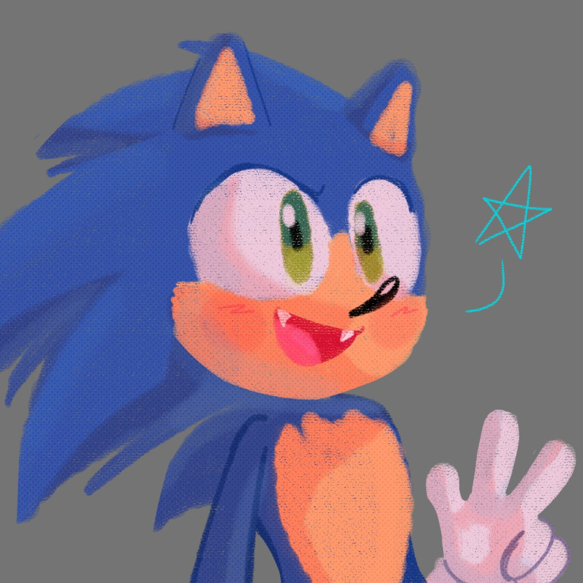 1:1 anthro blue_body blush clothing eulipotyphlan fangs gloves green_eyes handwear hedgehog hi_res male mammal sega simple_background smile solo sonic_the_hedgehog sonic_the_hedgehog_(series) spidercheetos