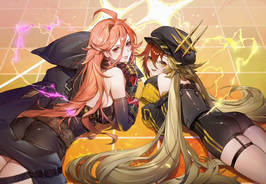 2girls ahoge alchemy_stars ass bangs bare_shoulders belt black_bodysuit black_coat black_headwear blonde_hair bodysuit breasts coat collar earrings electricity fang glint gronru_(alchemy_stars) hair_between_eyes hat jewelry lips long_hair looking_at_viewer looking_back low_twintails lying medium_breasts multicolored_hair multiple_girls off_shoulder ogyue on_stomach open_mouth parted_lips red_eyes red_hair sleeves_past_fingers sleeves_past_wrists smile strap_slip thigh_strap tile_floor tiles twintails two-tone_hair wrath_(alchemy_stars) yellow_eyes