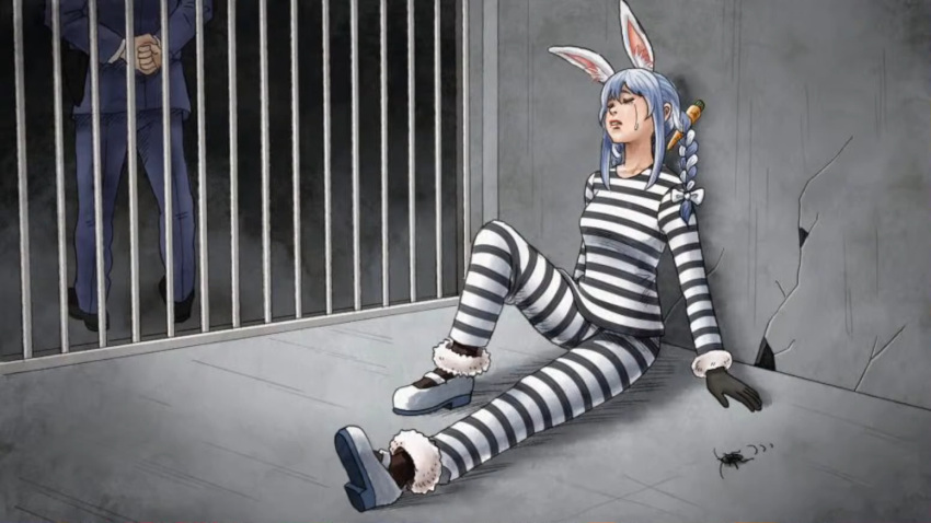 1boy 1girl animal_ears black_gloves blue_hair braid bug carrot_hair_ornament closed_eyes cockroach cracked_wall crying enomoto_yoshitaka food-themed_hair_ornament fur-trimmed_gloves fur_trim gloves hair_ornament hololive multicolored_hair pants prison_cell prison_clothes rabbit_ears rabbit_girl second-party_source shirt striped striped_pants striped_shirt tears twin_braids two-tone_hair usada_pekora video_crop virtual_youtuber white_hair