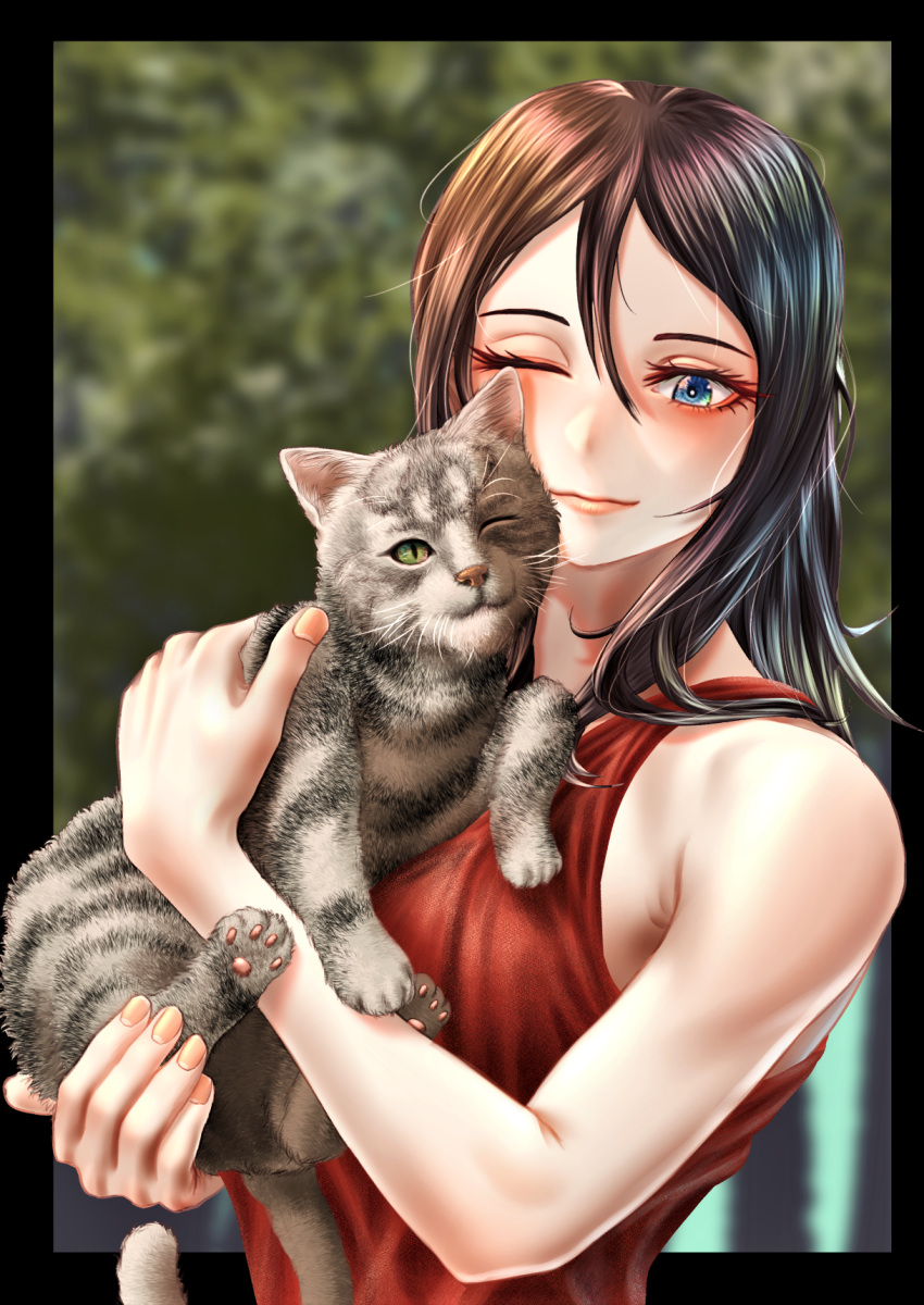 1girl animal bangs black_border black_hair blue_eyes border casual cat closed_mouth commentary day girls_und_panzer highres holding holding_animal long_hair looking_at_viewer nonna_(girls_und_panzer) one_eye_closed outdoors red_tank_top smile solo swept_bangs tank_top tigern_(tigern28502735)