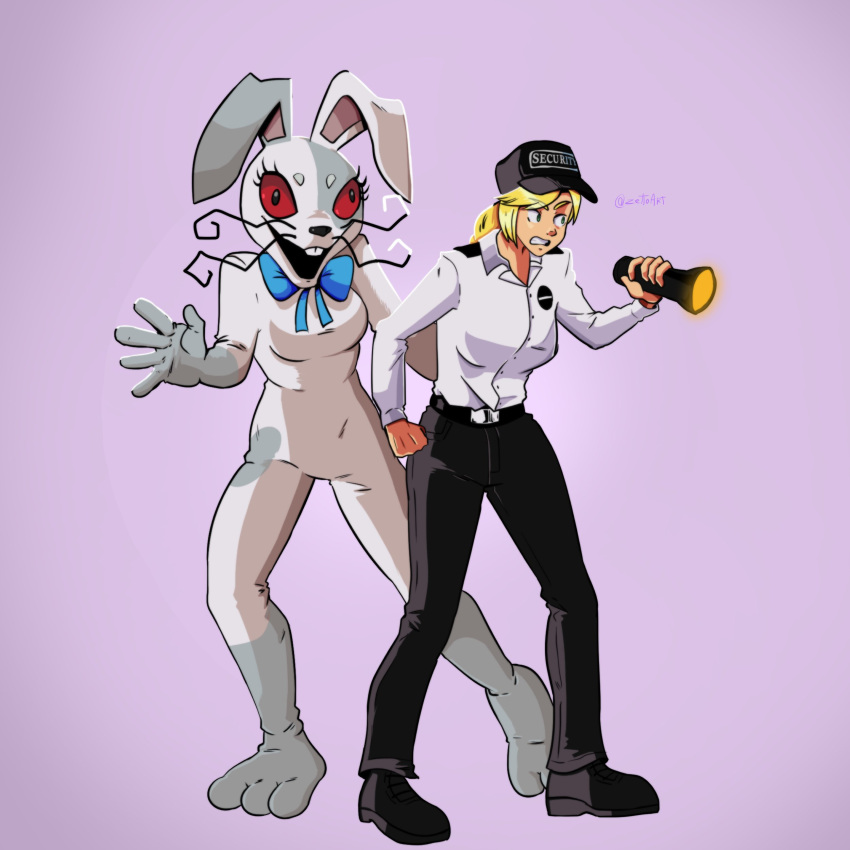 1:1 absurd_res anthro bow_ribbon clothing costume duo female five_nights_at_freddy's five_nights_at_freddy's:_security_breach hat headgear headwear hi_res lagomorph legomorph leporid mammal scottgames security_guard simple_background smile teeth vanessa_(fnaf) vanny_(fnaf) video_games zettoart