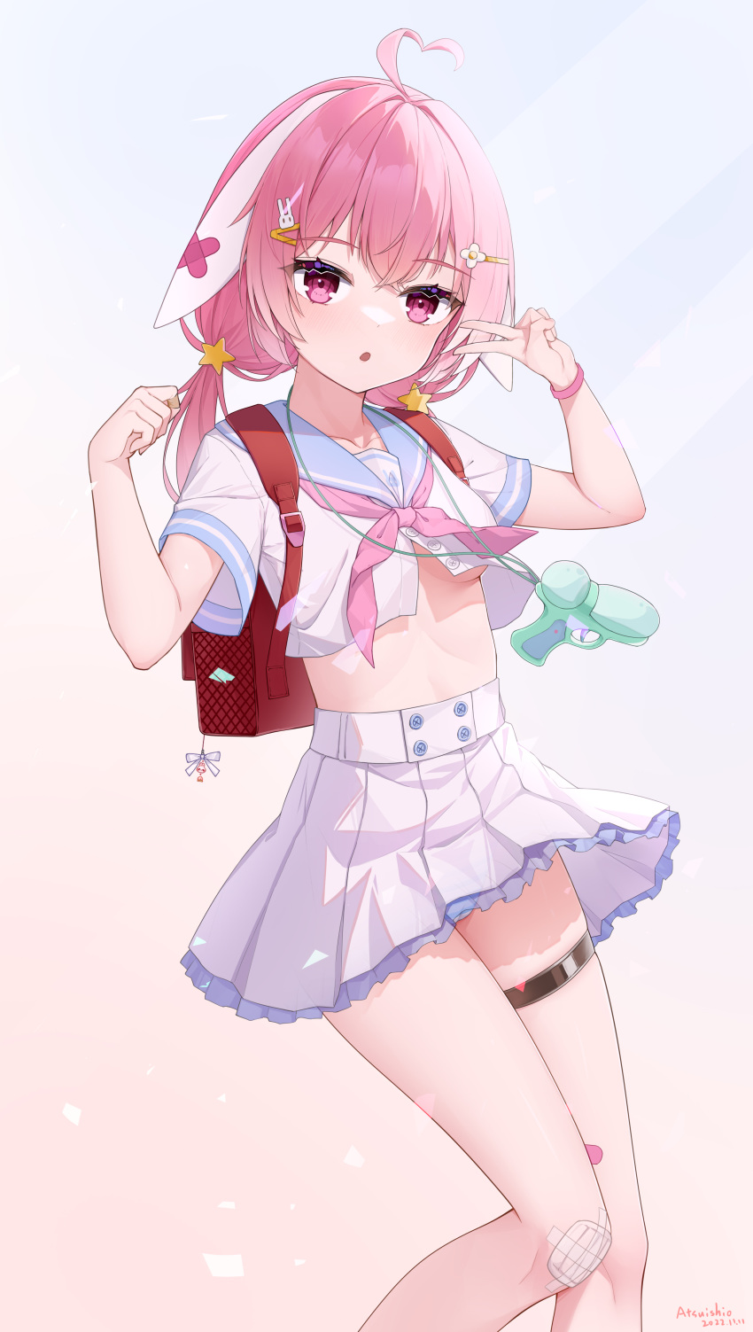 1girl :o absurdres ahoge atsuishio backpack bag bangs blue_sailor_collar breasts commentary_request crop_top feet_out_of_frame flower hair_flower hair_ornament hairclip hands_up heart heart_ahoge highres knees_together_feet_apart long_hair looking_at_viewer low_twintails neckerchief original parted_lips pink_hair pink_neckerchief pleated_skirt rabbit_hair_ornament randoseru red_eyes sailor_collar school_uniform serafuku shirt short_sleeves skirt small_breasts solo star_(symbol) star_hair_ornament twintails underboob v white_flower white_serafuku white_shirt white_skirt