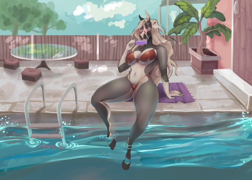 anthro bikini breasts clothing equid equine female food glass_table hair heart_glasses horse ladder licking_popsicle long_hair mammal outside partially_submerged plant poolside popsicle sitting sky softmare solo swimming_pool swimwear towel tree water