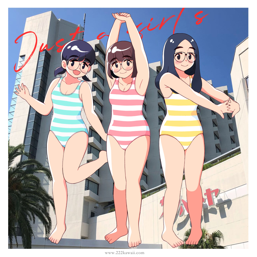 1girl 3girls 49s-aragon absurdres arms_up bangs barefoot black-framed_eyewear black_hair blue_eyes blue_one-piece_swimsuit blush bob_cut breasts cleavage closed_mouth collar collarbone freckles glasses highres looking_at_viewer low_twintails multicolored_clothes multicolored_swimsuit multiple_girls one-piece_swimsuit open_mouth original parted_bangs pink_one-piece_swimsuit round_eyewear short_hair short_twintails small_breasts smile solo stretching striped striped_one-piece_swimsuit swept_bangs swimsuit twintails white_one-piece_swimsuit yellow_one-piece_swimsuit