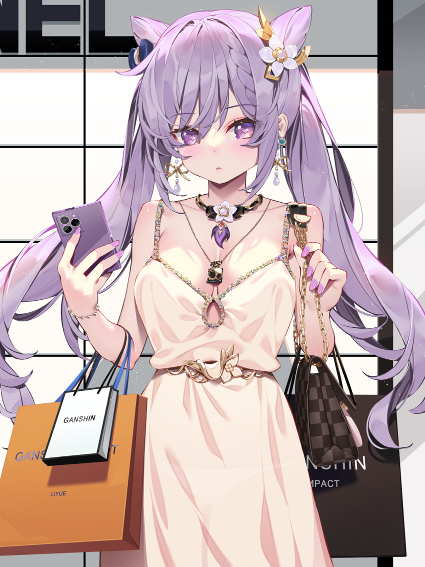 1girl alternate_costume breasts casual cellphone cleavage commentary_request cone_hair_bun double_bun dress earrings flower genshin_impact hair_bun hair_flower hair_ornament highres holding holding_phone jewelry keqing_(genshin_impact) long_hair medium_breasts nail_polish necklace phone purple_eyes purple_hair purple_nails solo twintails waterring white_dress