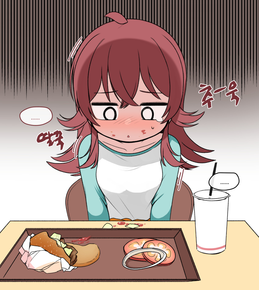 ... 0_0 1girl absurdres ahoge bangs blue_sleeves blush breasts burger chair collarbone drink drinking_straw female_child food food_on_face gloom_(expression) gradient gradient_background grey_background hair_between_eyes hair_flaps happy_meal highres idolmaster idolmaster_shiny_colors ketchup komiya_kaho korean_commentary long_hair long_sleeves looking_down onion_rings parted_lips pelican_(s030) red_hair shirt sitting small_breasts solo spoken_ellipsis table tearing_up tomato tray upper_body white_shirt