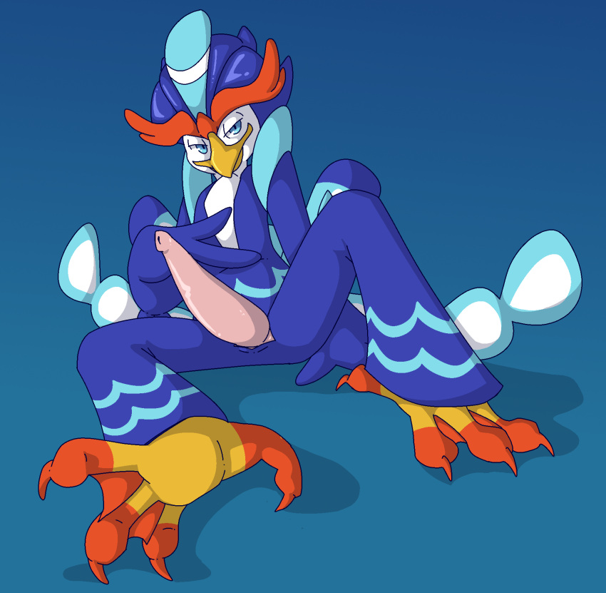 beak dragunsnack feet genitals hi_res leaked_pokemon lidded_eyes looking_at_viewer male membrane_(anatomy) nintendo penis pokemon pokemon_(species) quaquaval simple_background smile solo tapering_penis video_games webbed_feet