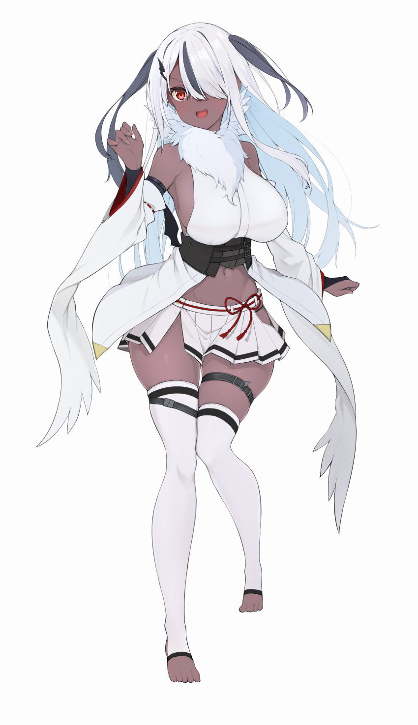 1girl absol absurdres bangs bare_shoulders black_hair black_horns black_panties blush breasts commentary_request corset dark-skinned_female dark_skin detached_sleeves eyes_visible_through_hair feet full_body fur_collar hair_over_one_eye happy highres hip_vent horns knees_together_feet_apart layered_sleeves long_hair looking_at_viewer mega_absol mega_pokemon miniskirt multicolored_hair natsuki_straight navel open_mouth panties partial_commentary personification pleated_skirt pokemon red_eyes shiny shiny_hair shirt sideboob simple_background single_horn skindentation skirt sleeveless sleeveless_shirt smile solo standing stirrup_legwear stomach streaked_hair string_panties tail thigh_strap thighhighs toeless_legwear toes two-tone_hair two_side_up underwear v-shaped_eyebrows white_background white_hair white_shirt white_skirt white_sleeves white_thighhighs wide_hips wide_sleeves zettai_ryouiki