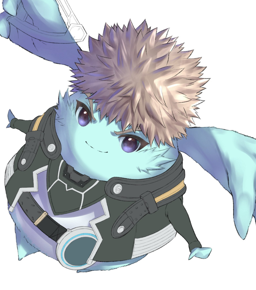 1boy aqua_fur blue_eyes blue_fur brown_hair hakusai_(hksicabb) highres jacket nopon outstretched_arms riku_(xenoblade) simple_background solo spiked_hair white_background xenoblade_chronicles_(series) xenoblade_chronicles_3