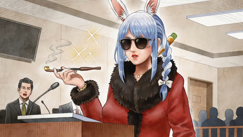 animal_ears black_eyes black_hair blue_hair bow braid carrot_hair_ornament coat courtroom door enomoto_yoshitaka food-themed_hair_ornament formal fur-trimmed_coat fur_trim green_necktie hair_bow hair_ornament highres holding holding_smoking_pipe hololive jewelry lossy-lossless microphone mole mole_above_mouth necklace necktie open_mouth parted_lips podium rabbit_ears red_necktie second-party_source smoke smoking_pipe suit sunglasses sweatdrop television twin_braids usada_pekora video_crop virtual_youtuber white_hair