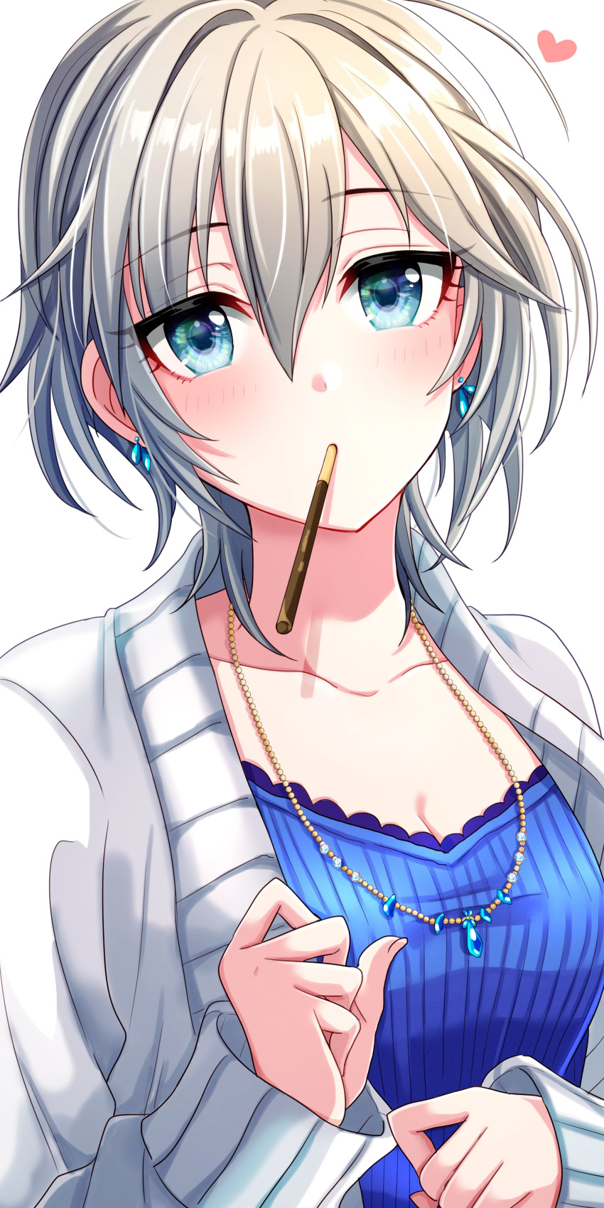 1girl absurdres anastasia_(idolmaster) blue_eyes blue_shirt blush breasts cardigan cleavage collarbone food grey_hair heart highres idolmaster idolmaster_cinderella_girls looking_at_viewer medium_breasts mouth_hold pocky popon_ta shirt simple_background solo upper_body white_background white_cardigan