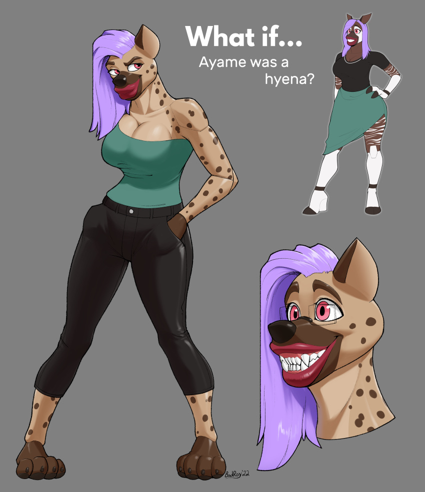 absurd_res alternate_species anthro ayame_(character) badroy big_breasts bimbo_lip breasts clothing eyewear female giraffid glasses hair hi_res huge_breasts hyaenid hyper hyper_breasts lips machine mammal okapi purple_hair robot smile solo synthetic thick_lips tight_clothing