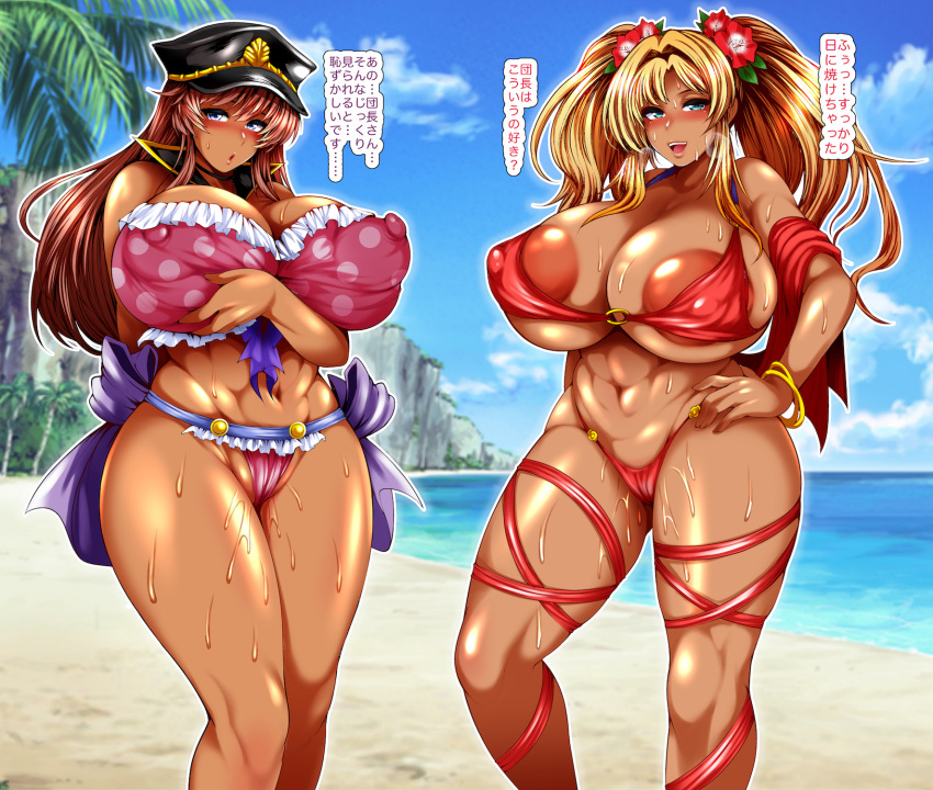 2girls abs areola_slip bangs beach bikini blonde_hair blue_sky blush breast_hold breast_lift breasts breasts_apart cleavage cliff cloud cloudy_sky commentary_request covered_nipples dark-skinned_female dark_skin detached_collar feet_out_of_frame flower frilled_bikini frills granblue_fantasy hair_flower hair_ornament hand_on_hip hat highres hip_bones huge_breasts jewelry lecia_(granblue_fantasy) long_hair looking_at_viewer micro_bikini mountain mountainous_horizon multiple_girls navel o-ring o-ring_bikini open_mouth outdoors palm_tree partially_visible_vulva peaked_cap pink_bikini polka_dot polka_dot_bikini puffy_nipples pussy_juice pussy_juice_trail red_bikini red_shawl ribbon-trimmed_skirt ribbon_trim sandals shawl sky standing strap strapless strapless_bikini sweat swimsuit taihei_tengoku tan thong_bikini translation_request tree twintails undersized_breast_cup undersized_clothes wristband zeta_(granblue_fantasy)