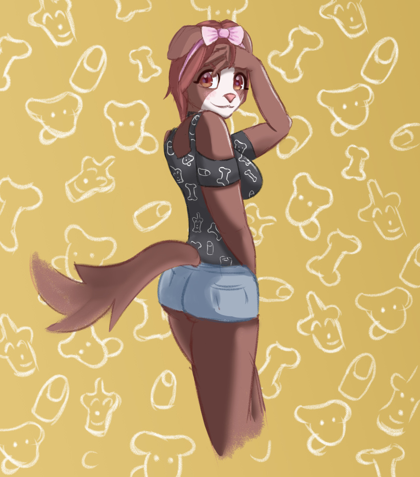 absurd_res alexandliberty anthro black_clothing black_shirt black_topwear bottomwear brown_body brown_eyes brown_fur canid canine canis clothing domestic_dog female fur hair hi_res hololive hotpants korone_inugami looking_at_viewer mammal multicolored_body multicolored_fur pink_bow_tie red_hair shirt shorts smile solo solo_focus topwear virtual_youtuber white_body white_fur