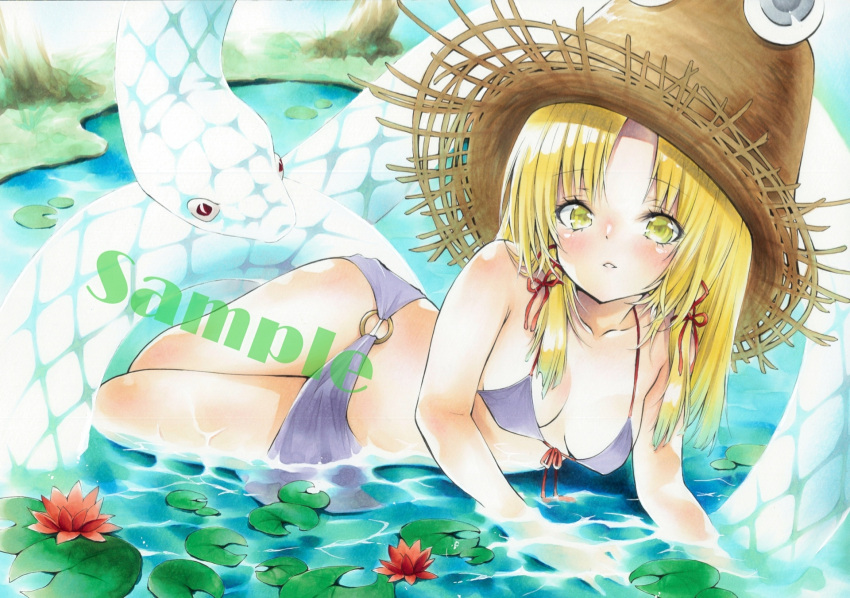 1girl arim0k0 bikini blonde_hair breasts brown_headwear cleavage flower highres lily_pad looking_at_viewer lying medium_breasts medium_hair mishaguji moriya_suwako o-ring o-ring_bikini on_side outdoors parted_lips purple_bikini red_eyes red_flower sample_watermark snake swimsuit touhou traditional_media tree wading water_lily_flower yellow_eyes