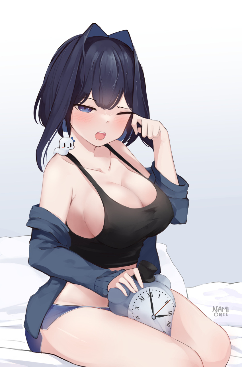 1girl :o ;o absurdres animal_on_shoulder bed_sheet between_thighs black_hair black_tank_top blue_eyes blue_sweater blush boros_(ouro_kronii) breasts cleavage clock_hands collarbone drooling hair_intakes highres hololive hololive_english kronie_(ouro_kronii) large_breasts looking_at_viewer namiorii off_shoulder one_eye_closed ouro_kronii pillow rubbing_eyes short_hair short_shorts shorts sideboob sitting sleepy snake sweater tank_top teeth thighs upper_teeth virtual_youtuber waking_up