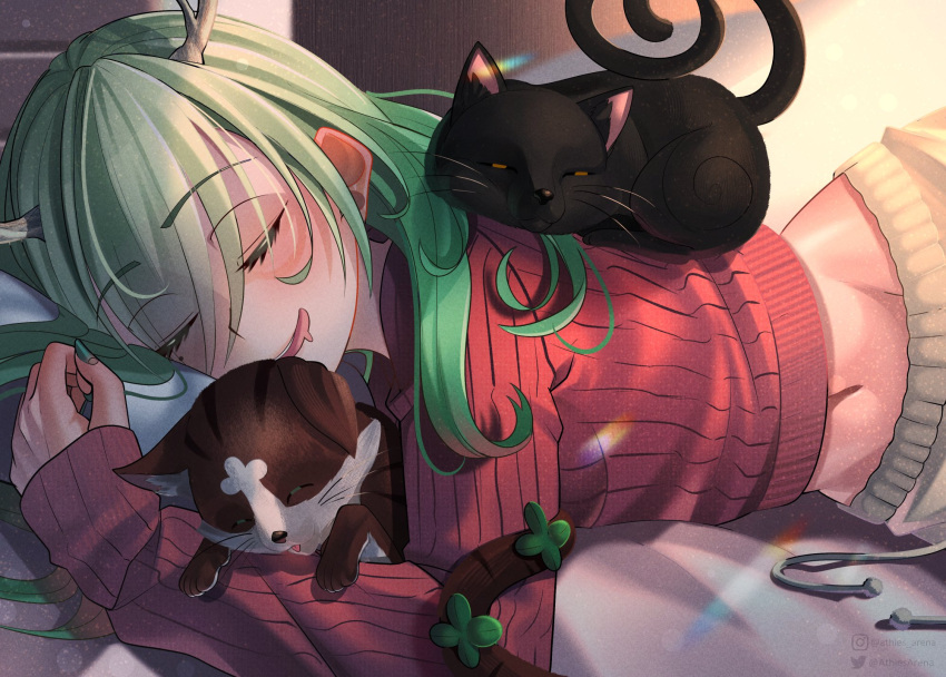1girl antlers athies bangs branch cat ceres_fauna clover_(ceres_fauna) clover_(flower) drooling flower green_hair hair_ornament highres hololive hololive_english long_hair midriff_peek mole mole_under_eye mouth_drool multicolored_hair sleeping sleeping_on_person snail_(ceres_fauna) sweater virtual_youtuber