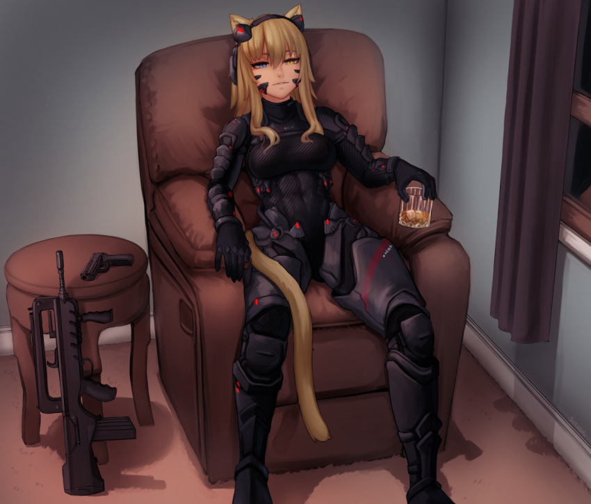 1girl alcohol animal_ears armchair armor assault_rifle blonde_hair blue_eyes breasts bullpup chair commission couch cup famas feet_out_of_frame gun h&amp;k_usp hair_over_breasts hairband half-closed_eyes handgun heterochromia holding holding_cup indoors kaori_(gnnyf0gg) on_chair original parted_lips rifle seraziel shadow sitting solo tail weapon yellow_eyes