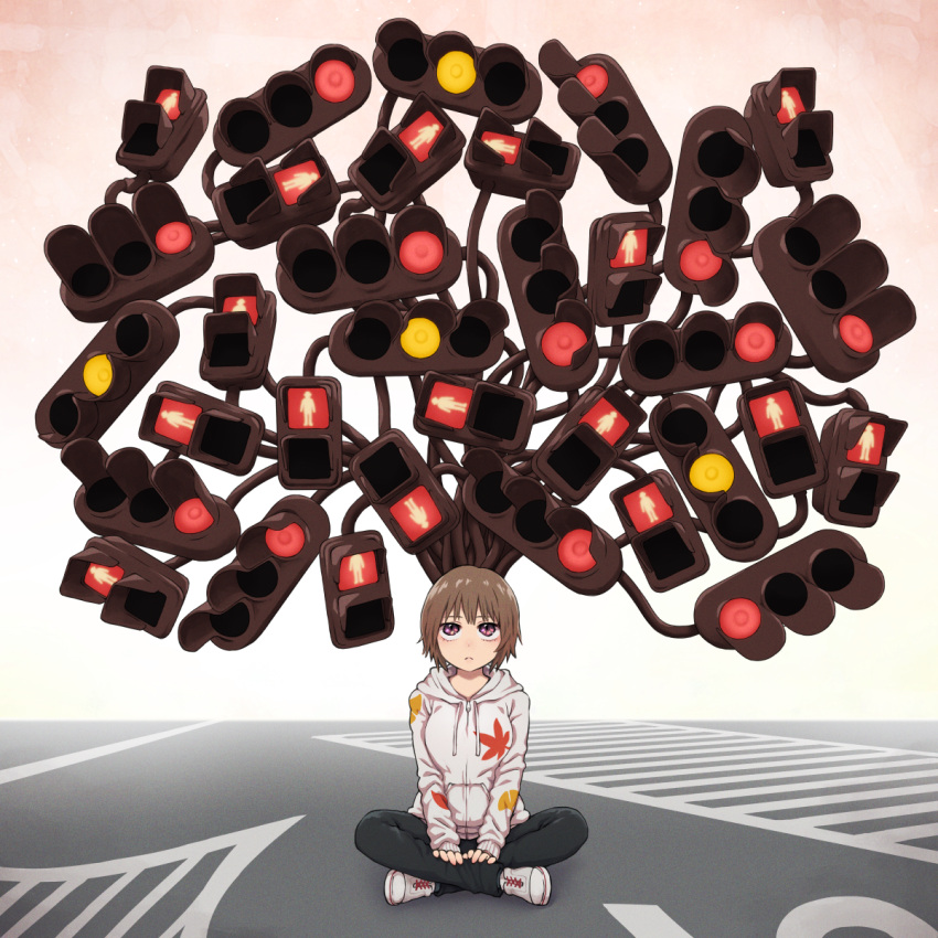 1girl autumn_leaves brown_hair commentary highres hood hoodie indian_style original pink_eyes short_hair sitting solo symbolism traffic_light yajirushi_(chanoma)